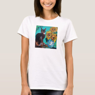SONNENBLUMEN MIT KATZE IN BLAUEM TURQUOISE T-Shirt