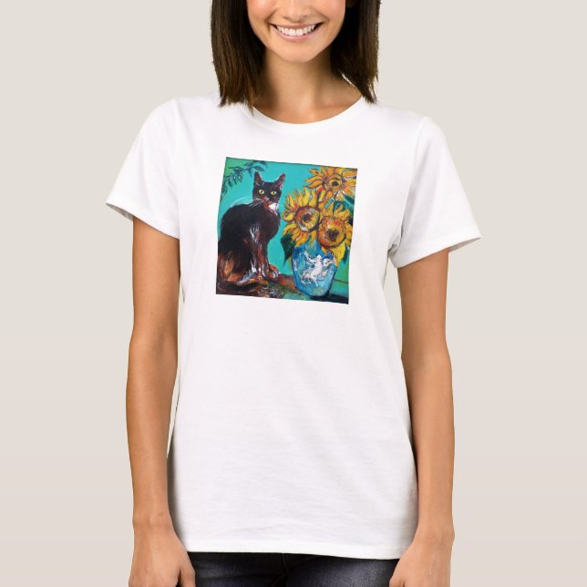 SONNENBLUMEN MIT KATZE IN BLAUEM TURQUOISE T-Shirt (Vorderseite)