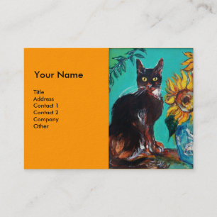 SONNENBLUMEN MIT KATZE, orange-gelb Visitenkarte