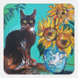 SONNENBLUMEN MIT SCHWARZEM CAT IM BLAUEN TÜRKIS QUADRATISCHER AUFKLEBER