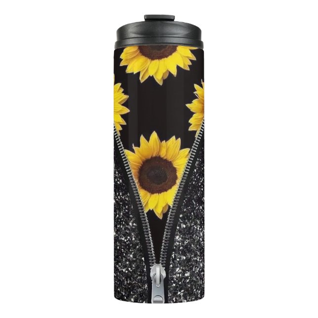 Sonnenblumen mit schwarzem Glitzer im Zipper-Desig Thermosbecher (Vorderseite)