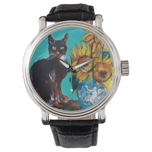 SONNENBLUMEN MIT SCHWARZEM KATZGEBÄUDE, türkisblau Armbanduhr