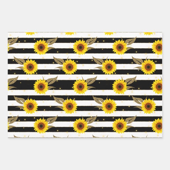 Sonnenblumen mit schwarzen und weißen horizontalen geschenkpapier set (Vorderseite)