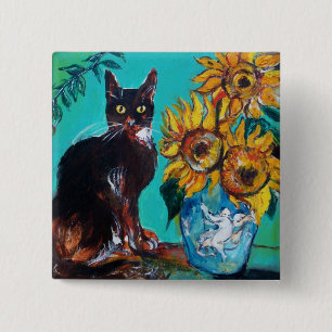 SONNENBLUMEN MIT SCHWARZER KATZE, Gelb-Türkis-Blau Button