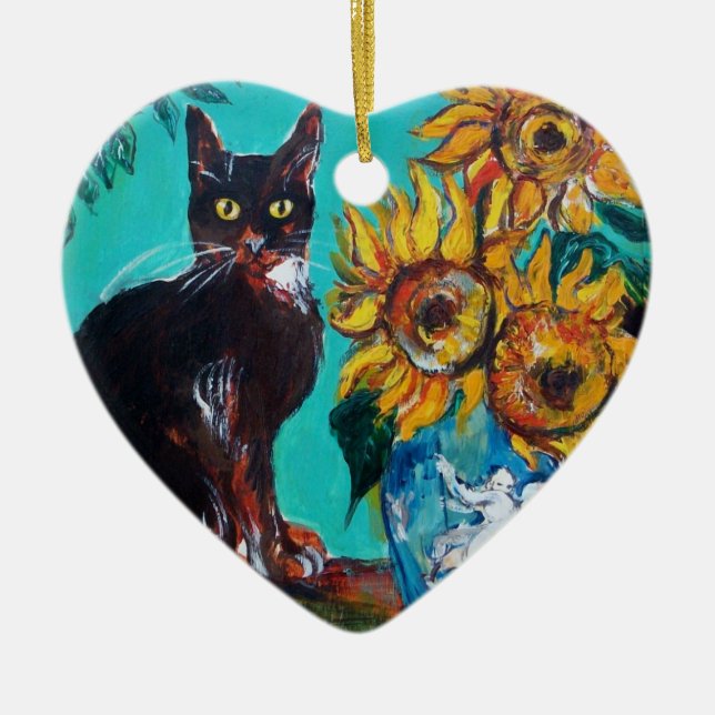 SONNENBLUMEN MIT SCHWARZER KATZE IM BLUE TURQUOISE KERAMIK ORNAMENT (Vorne)