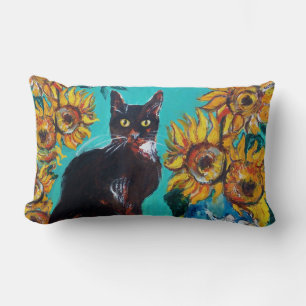 SONNENBLUMEN MIT SCHWARZER KATZE IN BLAUEM TÜRKIS LENDENKISSEN