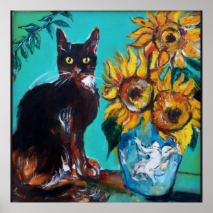 SONNENBLUMEN MIT SCHWARZER KATZE IN BLAUEM TÜRKIS POSTER