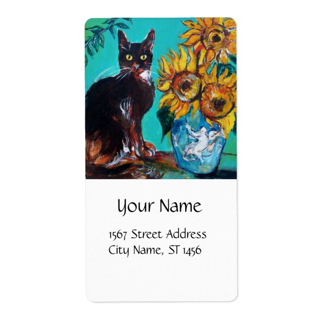 SONNENBLUMEN MIT SCHWARZER KATZE IN BLAUEM TÜRKISC (Vorne)