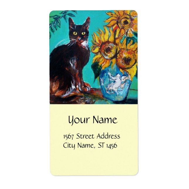 SONNENBLUMEN MIT SCHWARZER KATZE IN BLAUEM TURQUOI (Vorne)