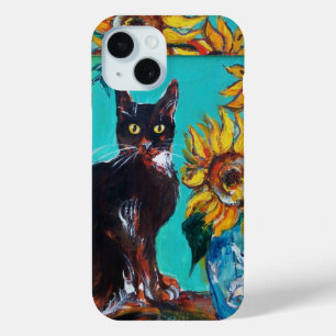 SONNENBLUMEN MIT SCHWARZER KATZE IN BLAUEM TURQUOI iPhone 15 HÜLLE