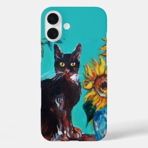 SONNENBLUMEN MIT SCHWARZER KATZE IN BLAUEM TURQUOI iPhone 16 PLUS HÜLLE