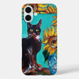 SONNENBLUMEN MIT SCHWARZER KATZE IN BLAUEM TURQUOI iPhone 16 PLUS HÜLLE