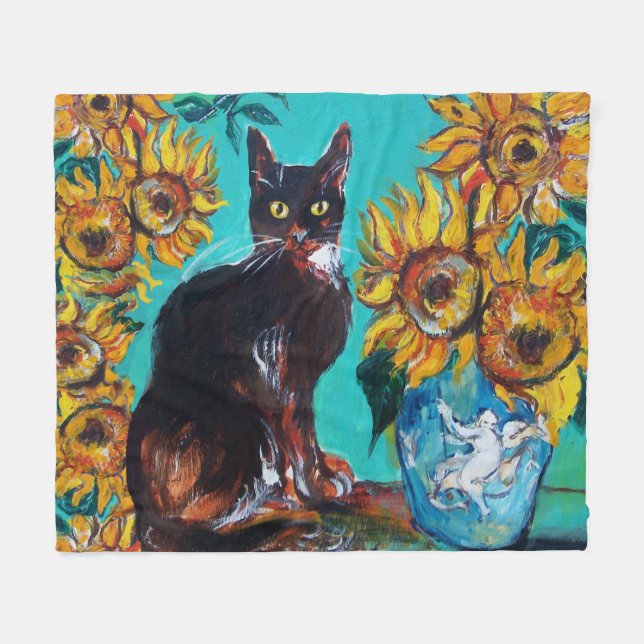 SONNENBLUMEN MIT SCHWARZER KATZE IN BLAUEM TURQUOI FLEECEDECKE (Vorderseite (Horizontal))