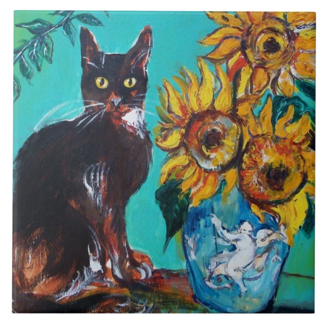 SONNENBLUMEN MIT SCHWARZER KATZE IN BLAUEM TURQUOI FLIESE (Vorderseite)