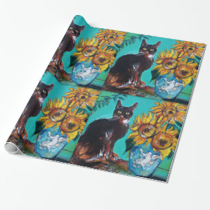 SONNENBLUMEN MIT SCHWARZER KATZE IN BLAUEM TURQUOI GESCHENKPAPIER