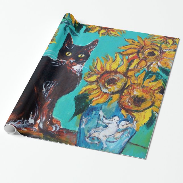 SONNENBLUMEN MIT SCHWARZER KATZE IN BLAUEM TURQUOI GESCHENKPAPIER (Ungerollt)
