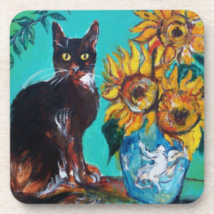 SONNENBLUMEN MIT SCHWARZER KATZE IN BLAUEM TURQUOI GETRÄNKEUNTERSETZER