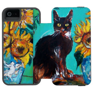 SONNENBLUMEN MIT SCHWARZER KATZE IN BLAUEM TURQUOI INCIPIO WATSON™ iPhone 5 GELDBÖRSEN HÜLLE