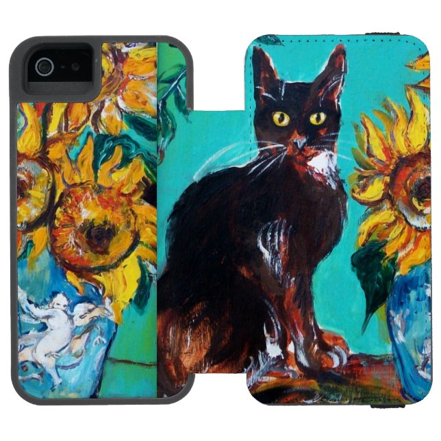 SONNENBLUMEN MIT SCHWARZER KATZE IN BLAUEM TURQUOI INCIPIO iPhone Geldbeutel-Hülle (Folio Geöffnet)