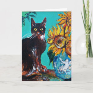 SONNENBLUMEN MIT SCHWARZER KATZE IN BLAUEM TURQUOI KARTE