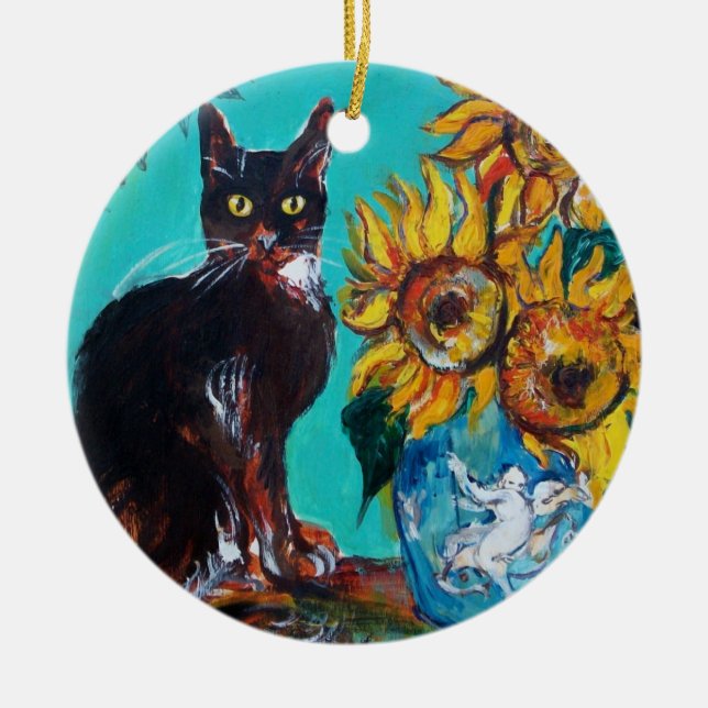 SONNENBLUMEN MIT SCHWARZER KATZE IN BLAUEM TURQUOI KERAMIK ORNAMENT (Vorne)