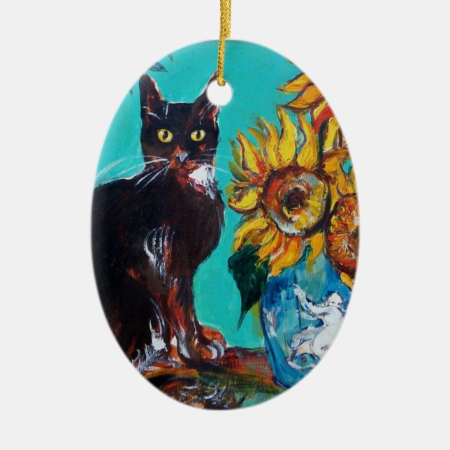 SONNENBLUMEN MIT SCHWARZER KATZE IN BLAUEM TURQUOI KERAMIKORNAMENT (Vorne)