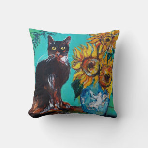 SONNENBLUMEN MIT SCHWARZER KATZE IN BLAUEM TURQUOI KISSEN
