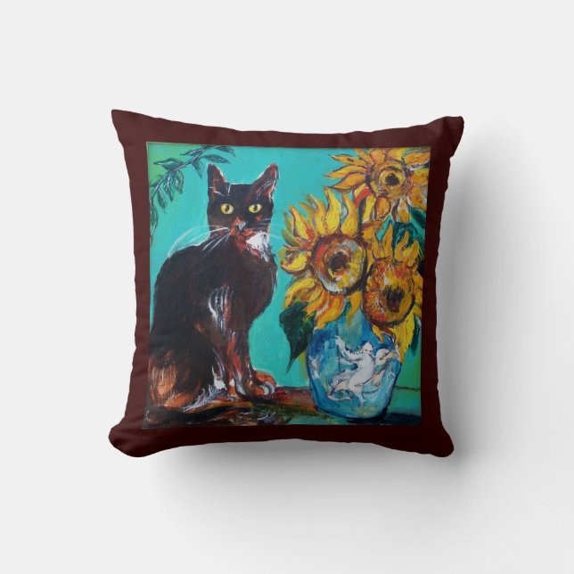 SONNENBLUMEN MIT SCHWARZER KATZE IN BLAUEM TURQUOI KISSEN (Vorderseite)