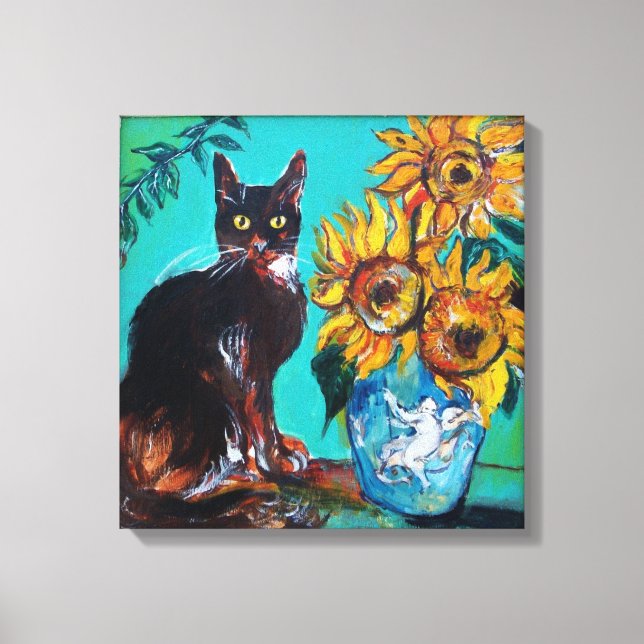 SONNENBLUMEN MIT SCHWARZER KATZE IN BLAUEM TURQUOI LEINWANDDRUCK (Vorderseite)