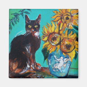 SONNENBLUMEN MIT SCHWARZER KATZE IN BLAUEM TURQUOI MAGNET