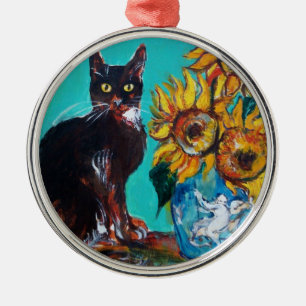 SONNENBLUMEN MIT SCHWARZER KATZE IN BLAUEM TURQUOI ORNAMENT AUS METALL