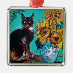 SONNENBLUMEN MIT SCHWARZER KATZE IN BLAUEM TURQUOI ORNAMENT AUS METALL