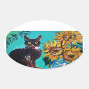 SONNENBLUMEN MIT SCHWARZER KATZE IN BLAUEM TURQUOI OVALER AUFKLEBER