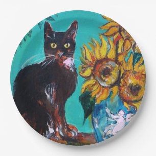 SONNENBLUMEN MIT SCHWARZER KATZE IN BLAUEM TURQUOI PAPPTELLER