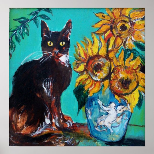 SONNENBLUMEN MIT SCHWARZER KATZE IN BLAUEM TURQUOI POSTER (Vorne)