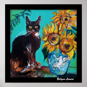 SONNENBLUMEN MIT SCHWARZER KATZE IN BLAUEM TURQUOI POSTER