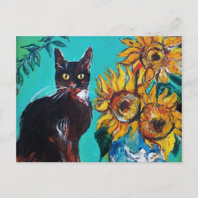 SONNENBLUMEN MIT SCHWARZER KATZE IN BLAUEM TURQUOI POSTKARTE (Vorderseite)