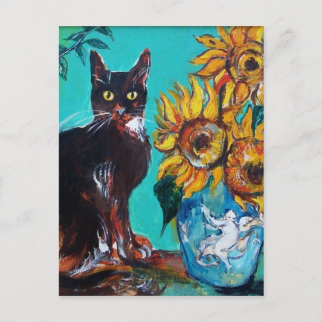 SONNENBLUMEN MIT SCHWARZER KATZE IN BLAUEM TURQUOI POSTKARTE (Vorderseite)