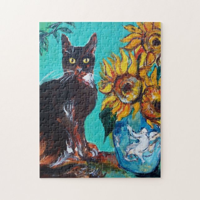 SONNENBLUMEN MIT SCHWARZER KATZE IN BLAUEM TURQUOI PUZZLE (Vertikal)