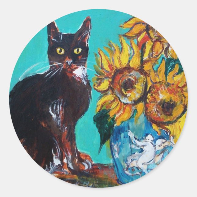 SONNENBLUMEN MIT SCHWARZER KATZE IN BLAUEM TURQUOI RUNDER AUFKLEBER (Vorderseite)