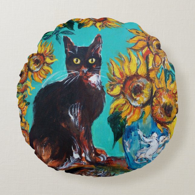 SONNENBLUMEN MIT SCHWARZER KATZE IN BLAUEM TURQUOI RUNDES KISSEN (Vorderseite)