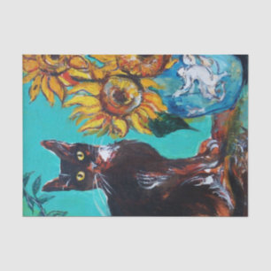 SONNENBLUMEN MIT SCHWARZER KATZE IN BLAUEM TURQUOI SEIDENPAPIER