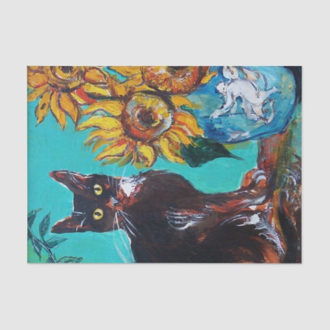 SONNENBLUMEN MIT SCHWARZER KATZE IN BLAUEM TURQUOI SEIDENPAPIER (Vorderseite)