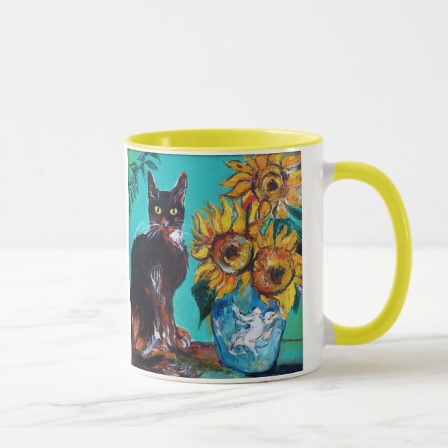 SONNENBLUMEN MIT SCHWARZER KATZE IN BLAUEM TURQUOI TASSE (Rechts)