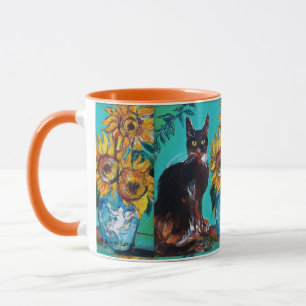 SONNENBLUMEN MIT SCHWARZER KATZE IN BLAUEM TURQUOI TASSE