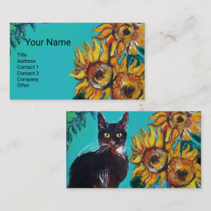SONNENBLUMEN MIT SCHWARZER KATZE IN BLAUEM TURQUOI VISITENKARTE