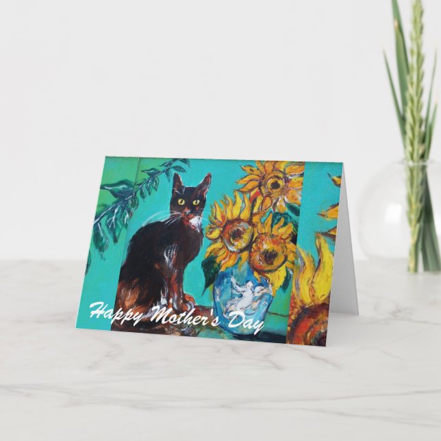 SONNENBLUMEN MIT SCHWARZER KATZE / Muttertag Karte (Vorderseite)