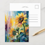 Sonnenblumen Moderne Abstrakte Blumenbemalung Postkarte<br><div class="desc">Ein lebendiges, modernes abstrakt-impressionistisches Gemälde mit Sonnenblumen. Das Kunstwerk enthält strukturierte Pinselstriche in fett gelben, blauen und grünen Farbtönen. Das dynamische Bürstenwerk und die lebhaften Farben schaffen ein Gefühl der Bewegung, das die Schönheit und Energie der Sonnenblumen in einem frischen, zeitgenössischen Stil einfängt. Die reiche Textur und die ausdrucksvollen Striche...</div>
