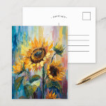 Sonnenblumen Moderne Abstrakte Blumenbemalung Postkarte<br><div class="desc">Ein lebendiges, modernes abstrakt-impressionistisches Gemälde mit Sonnenblumen. Das Kunstwerk enthält strukturierte Pinselstriche in fett gelben, blauen und grünen Farbtönen. Das dynamische Bürstenwerk und die lebhaften Farben schaffen ein Gefühl der Bewegung, das die Schönheit und Energie der Sonnenblumen in einem frischen, zeitgenössischen Stil einfängt. Die reiche Textur und die ausdrucksvollen Striche...</div>