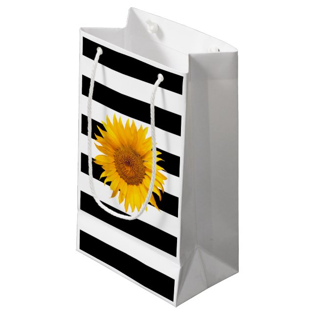 Sonnenblumen Moderne Schwarz-Weiß Streifen Kleine Geschenktüte (Vorderseite Schrägansicht)
